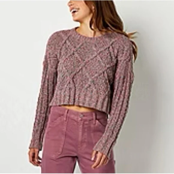 Arizona Jean Company Cropped Chunky Cable Knit Sweater in Color Warm Marl Size L - Picture 1 of 5
